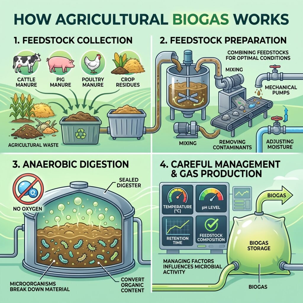 Agricultural Biogas system producing renewable energy from farm waste