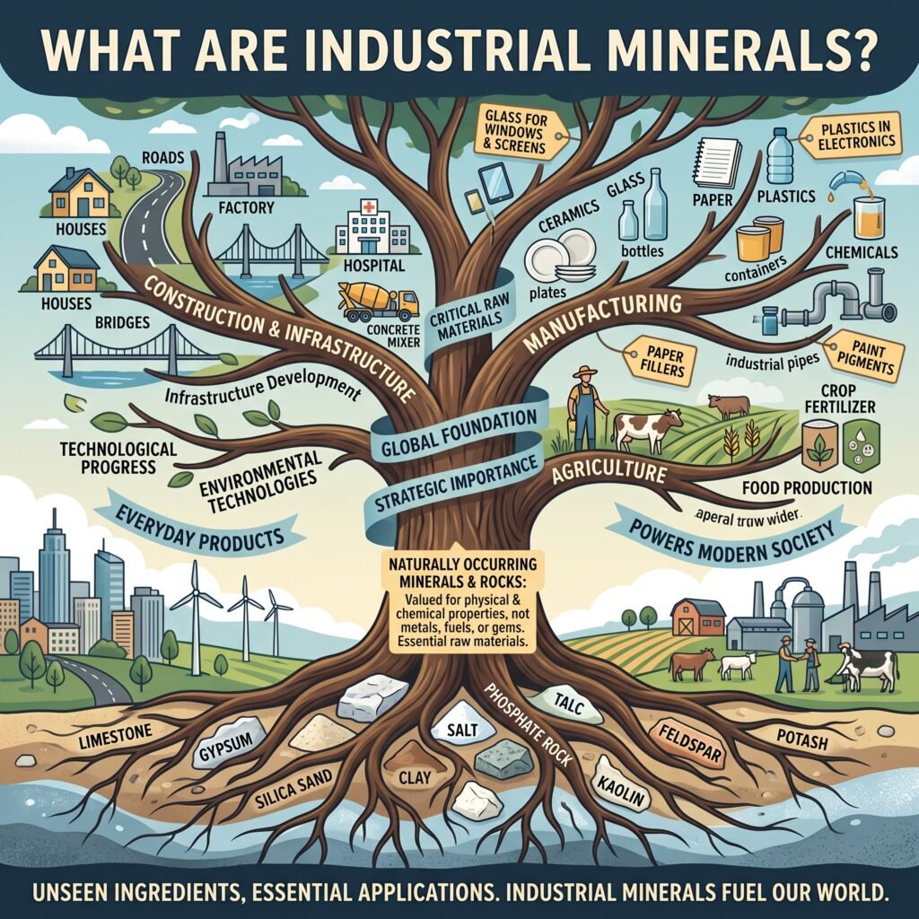 Industrial Minerals used in construction, manufacturing, agriculture, and modern industries