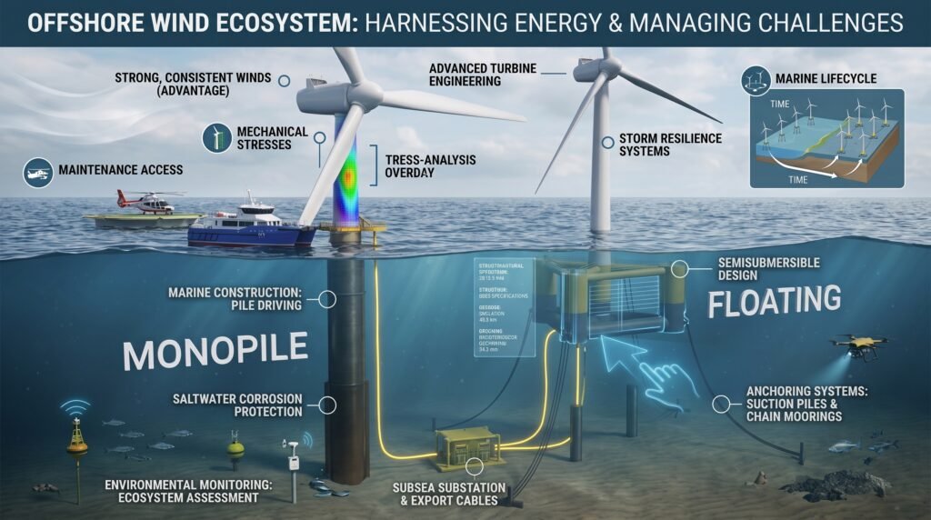 Offshore Wind Turbines at Sea generating renewable electricity