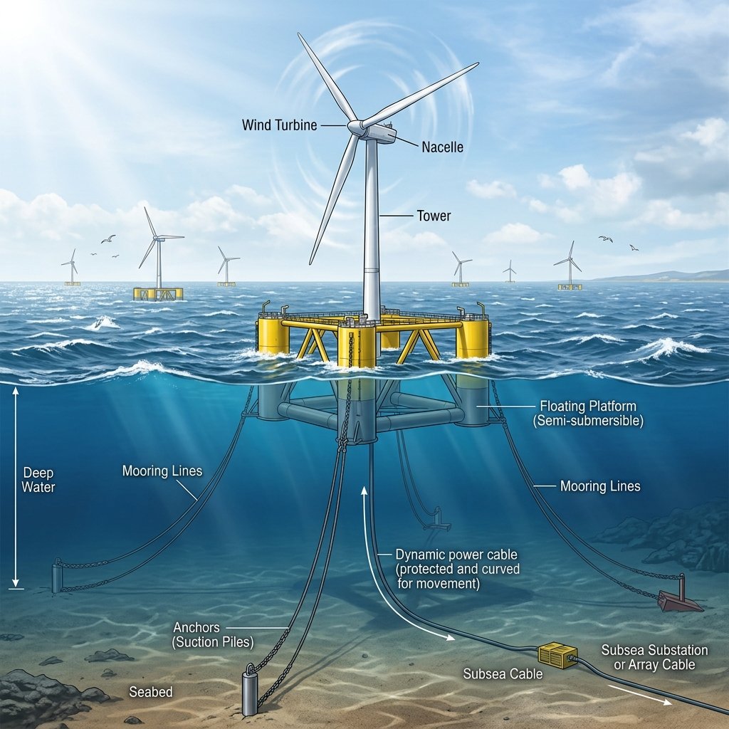 Floating Wind Energy Systems generating renewable electricity in deep offshore waters