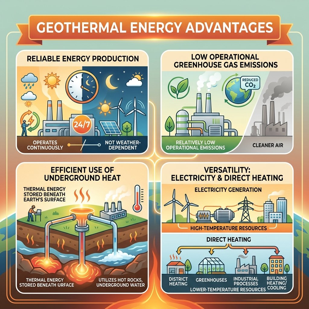 Geothermal Energy Advantages for renewable electricity and sustainable heating