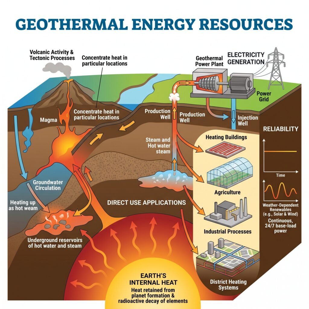 Geothermal Energy Resources used for renewable electricity and heating