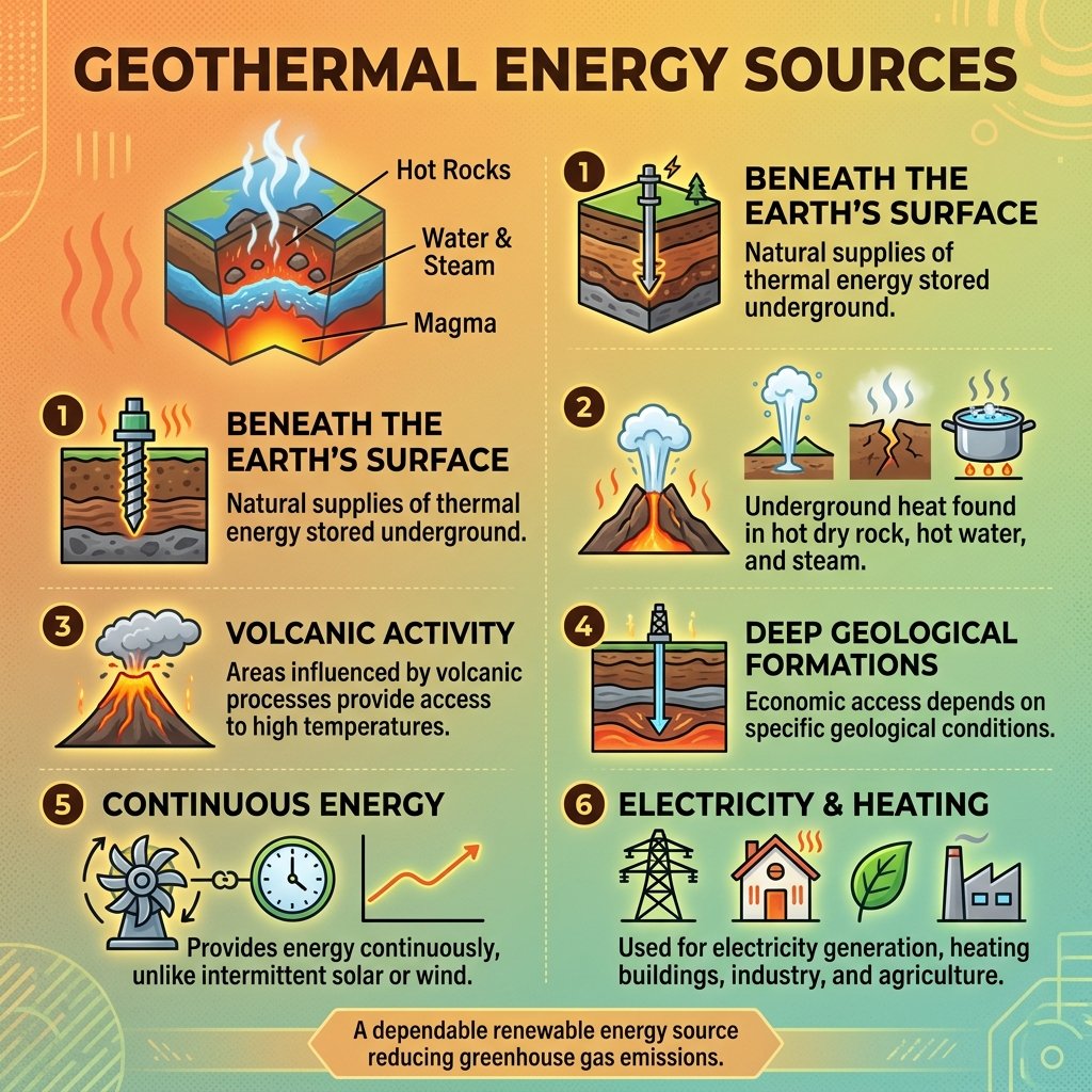 Geothermal Energy Sources beneath the Earth used for renewable heat and electricity