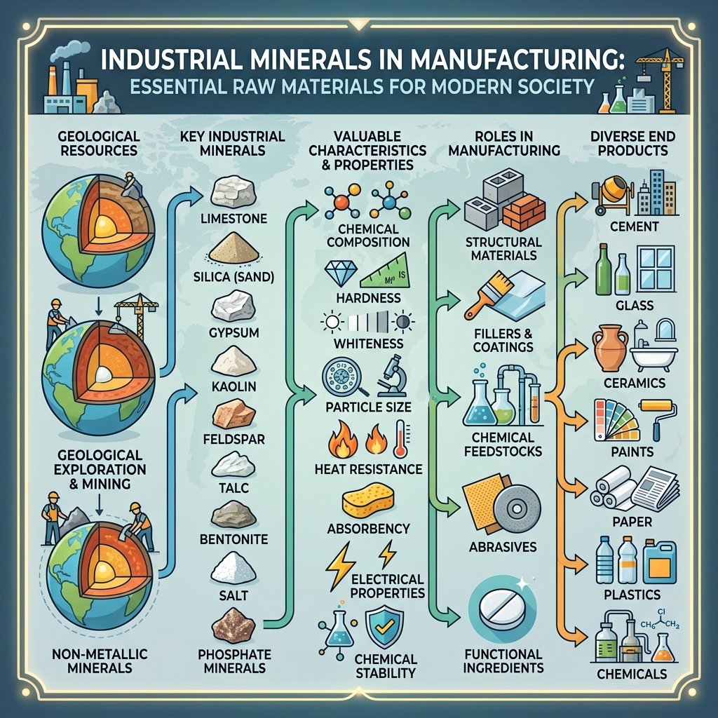 Industrial Minerals in Manufacturing used as raw materials for glass, ceramics, cement, paper, paints, and industrial products