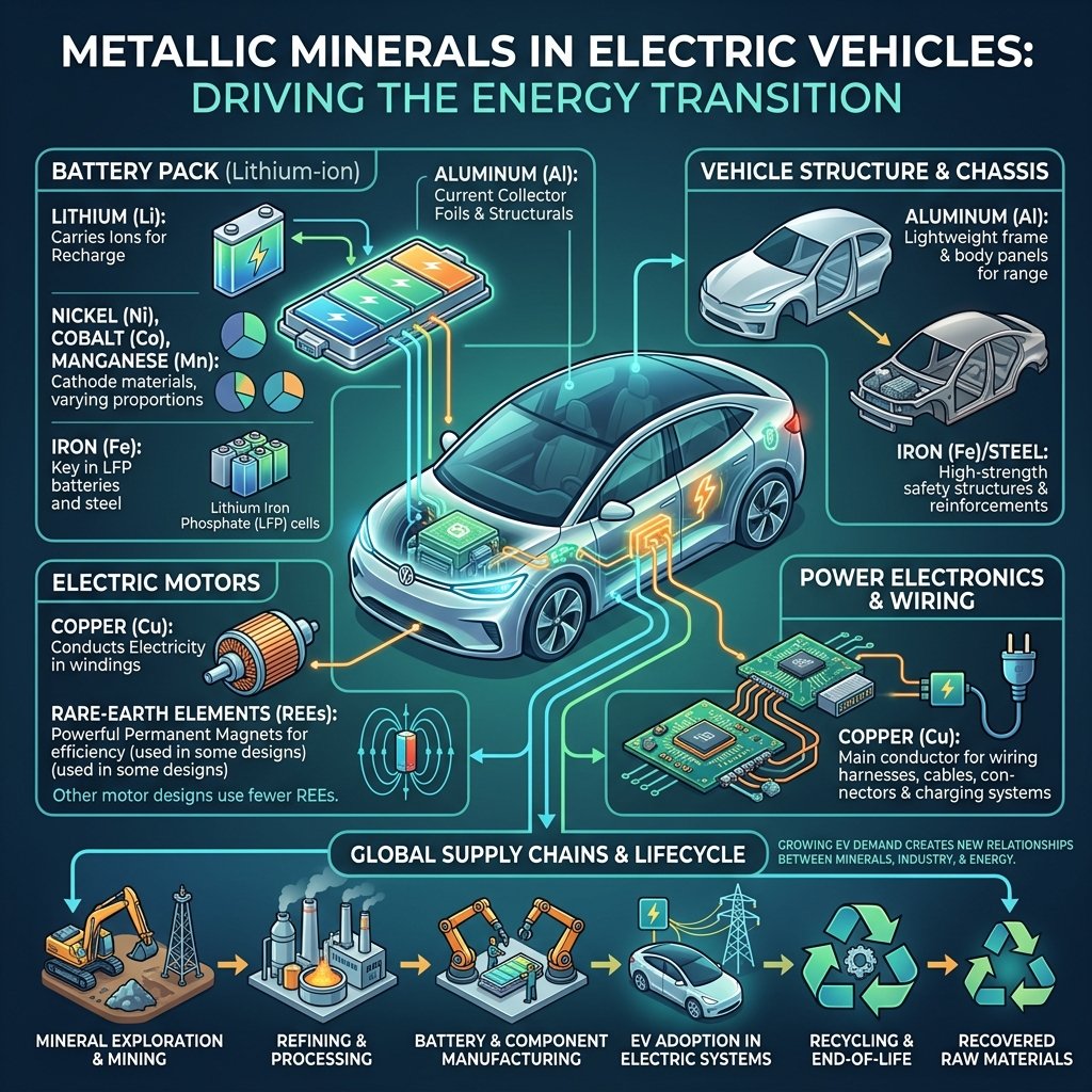 etallic Minerals in Electric Vehicles used in batteries, motors, wiring, and vehicle manufacturing