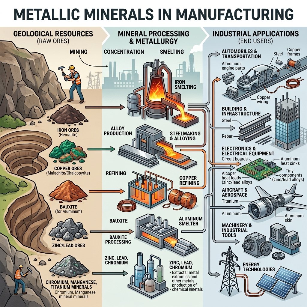 Metallic Minerals in Manufacturing used to produce steel, copper, aluminum, zinc, and industrial products