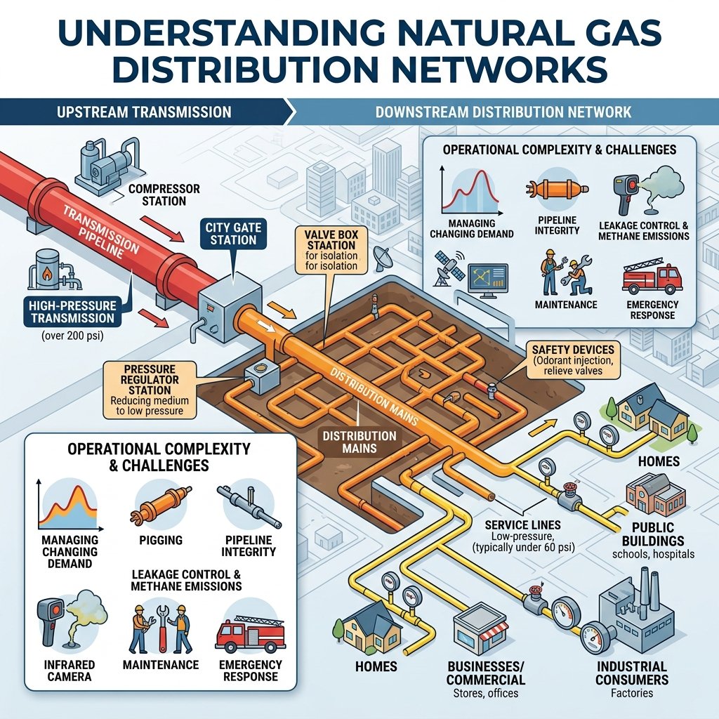 Natural Gas Distribution Networks Explained with pipelines, pressure regulators, valves, and metering systems