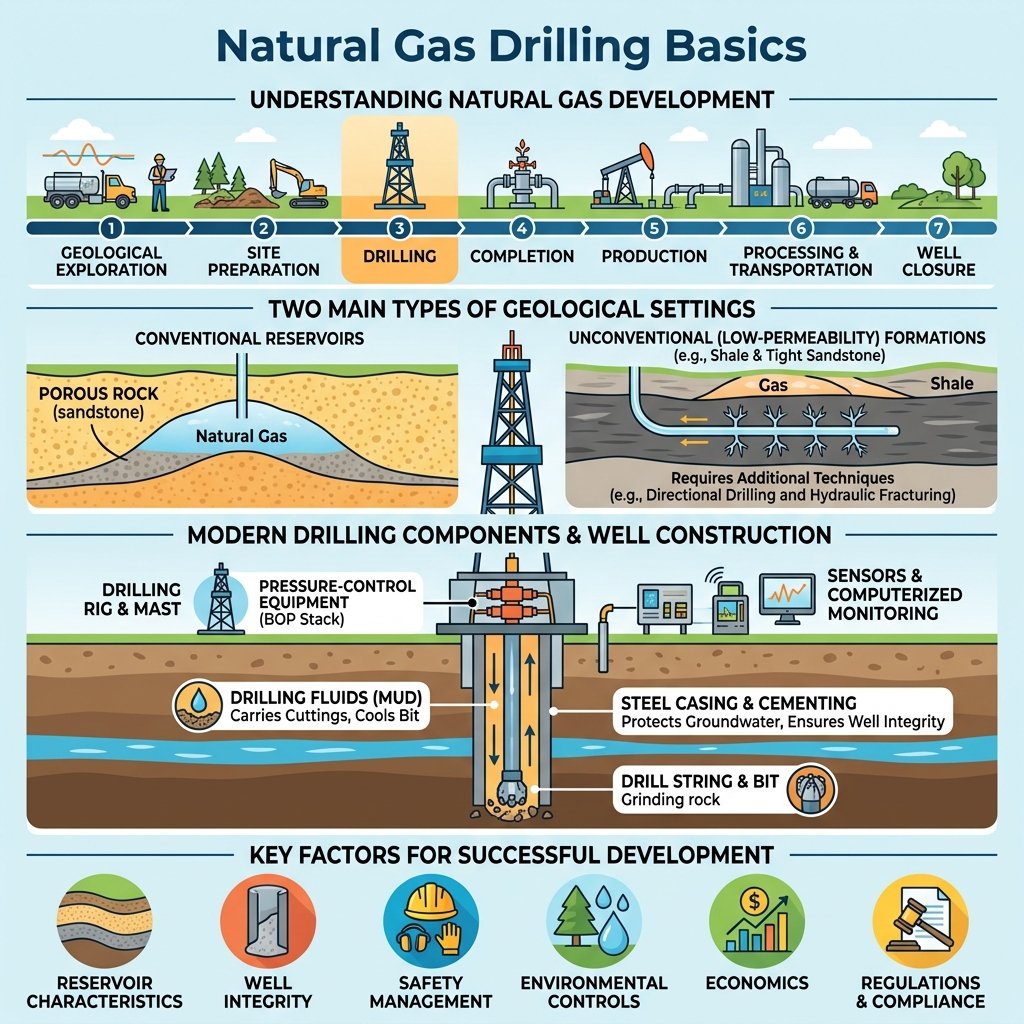 Natural Gas Drilling Basics showing a natural gas drilling rig and well construction