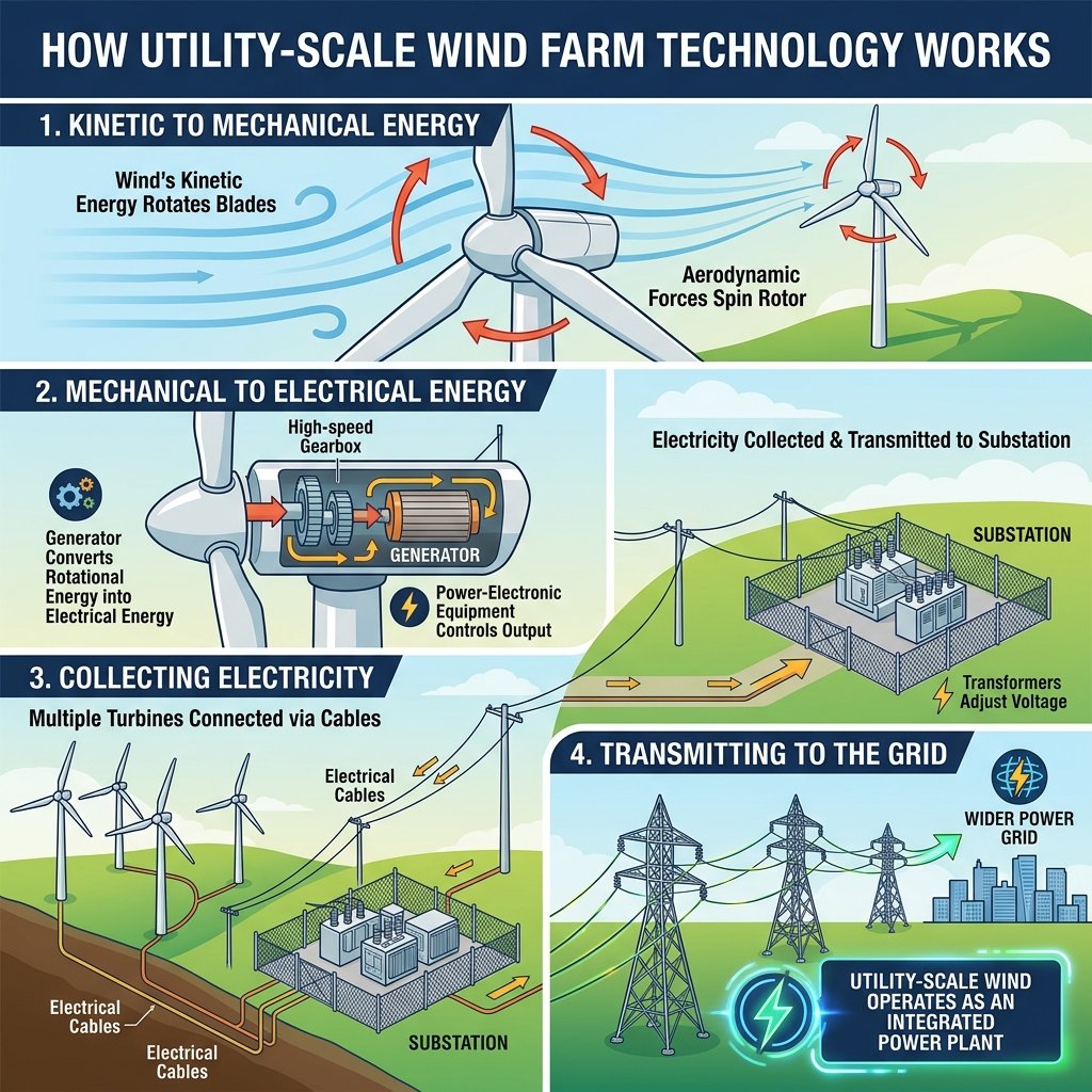 Utility-Scale Wind Farm Technology generating renewable electricity