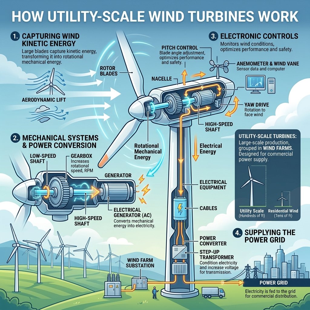 How Utility-Scale Wind Turbines Work to generate renewable electricity