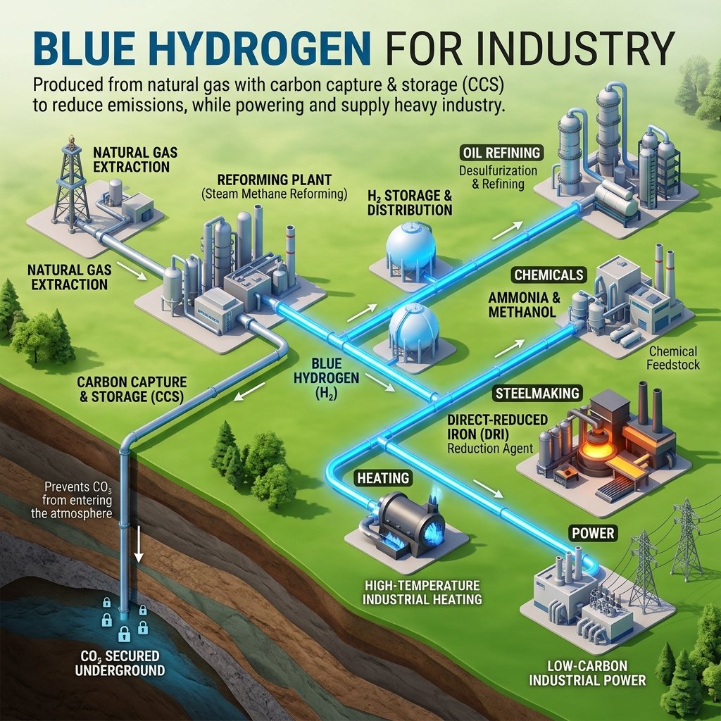Blue Hydrogen for Industry with carbon capture, pipelines and manufacturing facilities