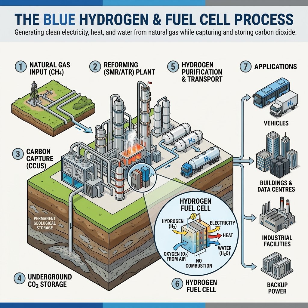 Blue Hydrogen Fuel Cells producing low-carbon electricity