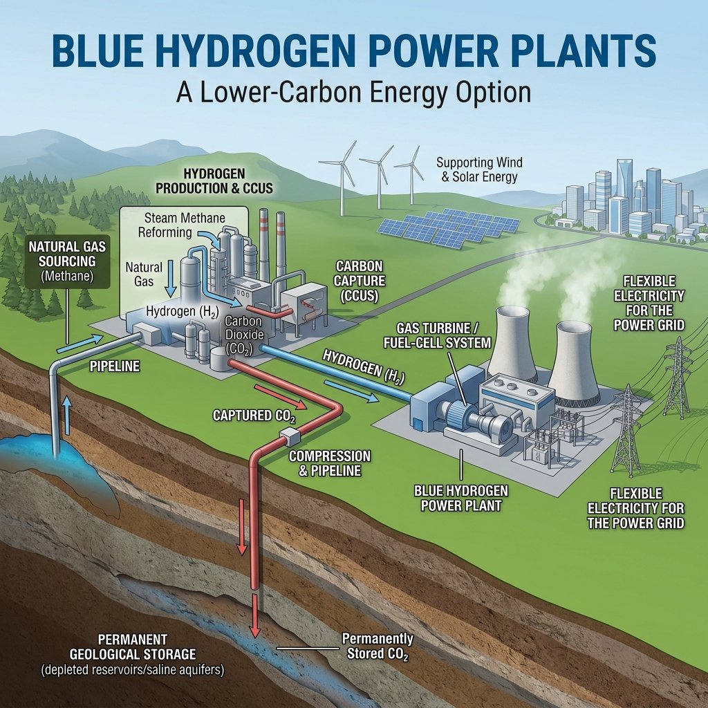 Blue Hydrogen Power Plants generating electricity with carbon capture and storage