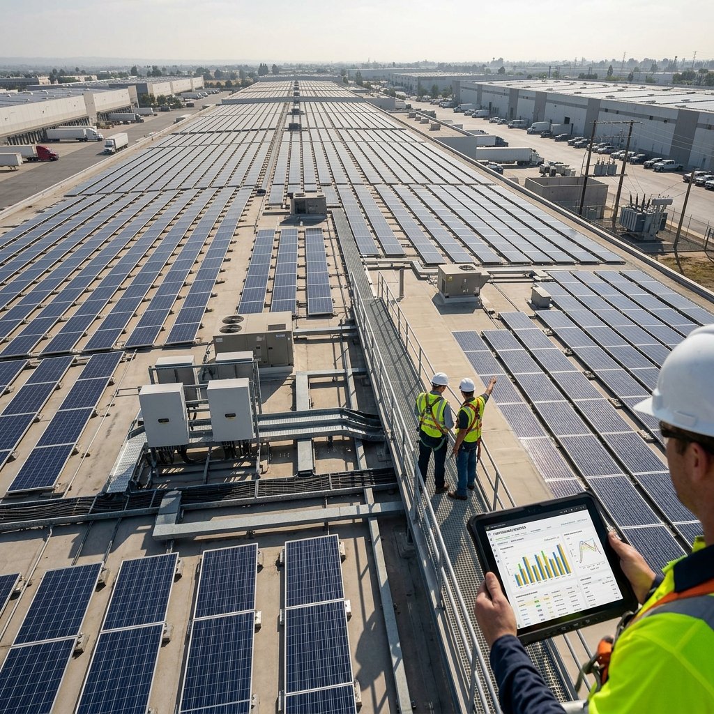 Industrial Solar Panel Performance on a modern factory rooftop