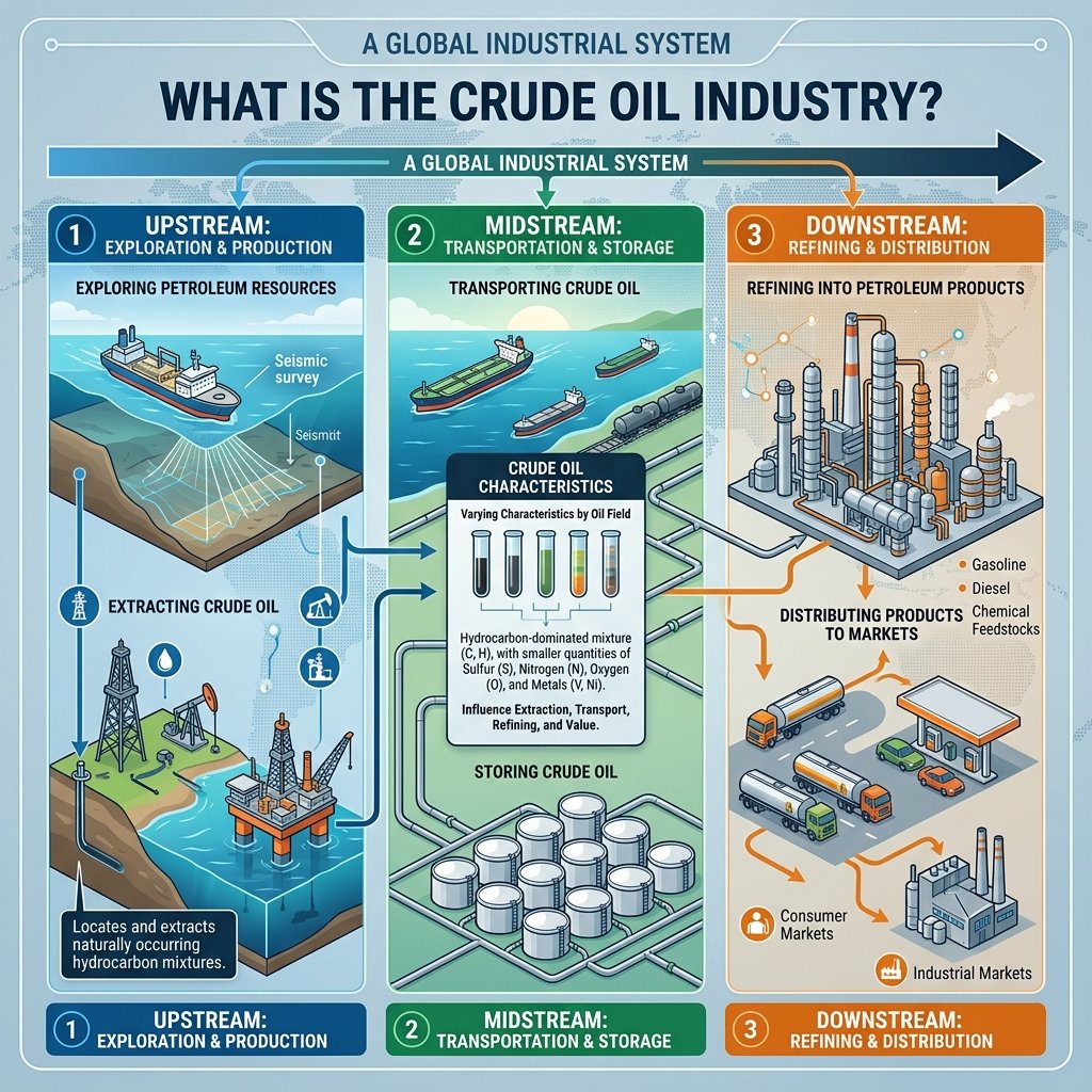 Crude Oil Industry showing oil production, pipelines, storage tanks and refinery operations